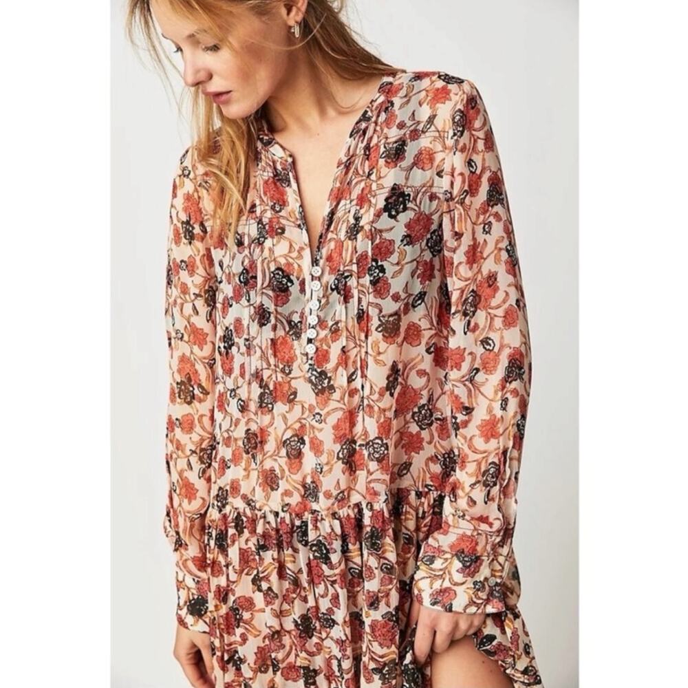 Free People Bohemian Billowy Floral See It Through Maxi Dress Tea Combo Medium - Picture 3 of 14